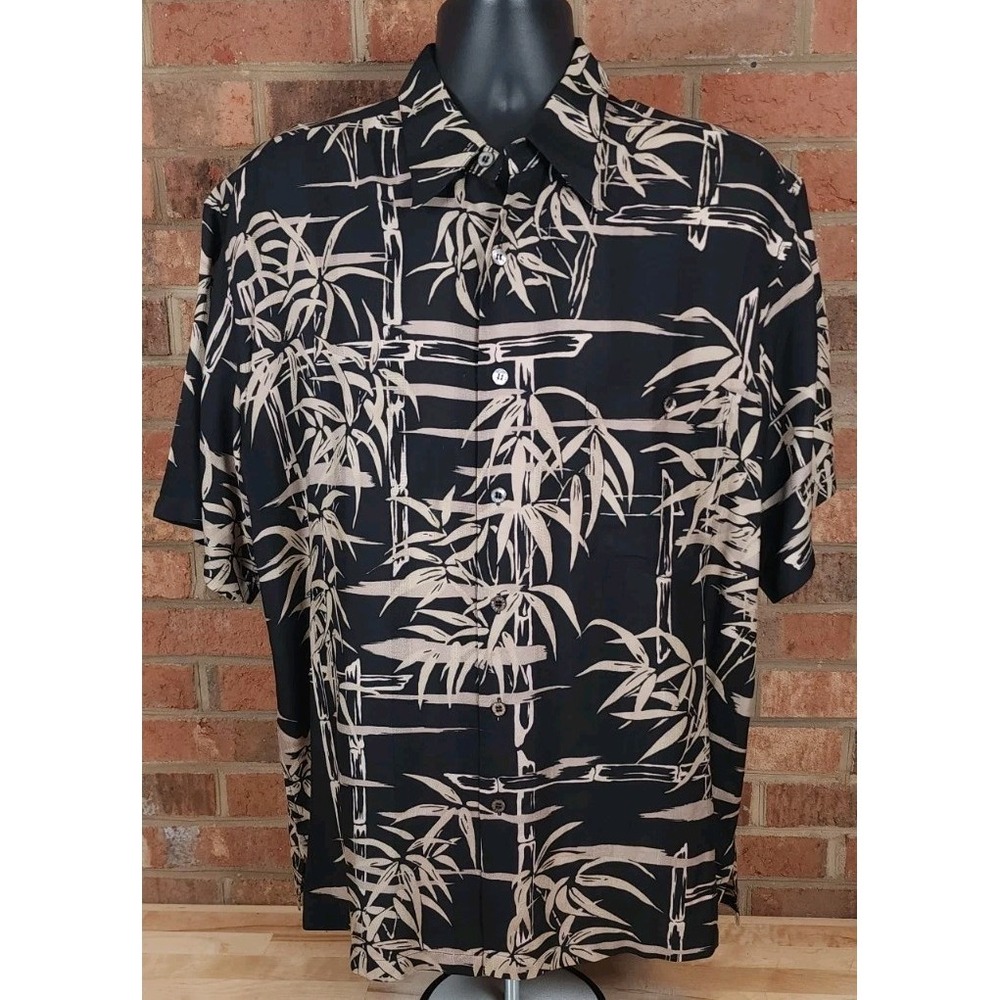 Tori Richard Silk Shirt Mens L Black Hawaiian Palm‎ Tree Short Sleeve Button Up